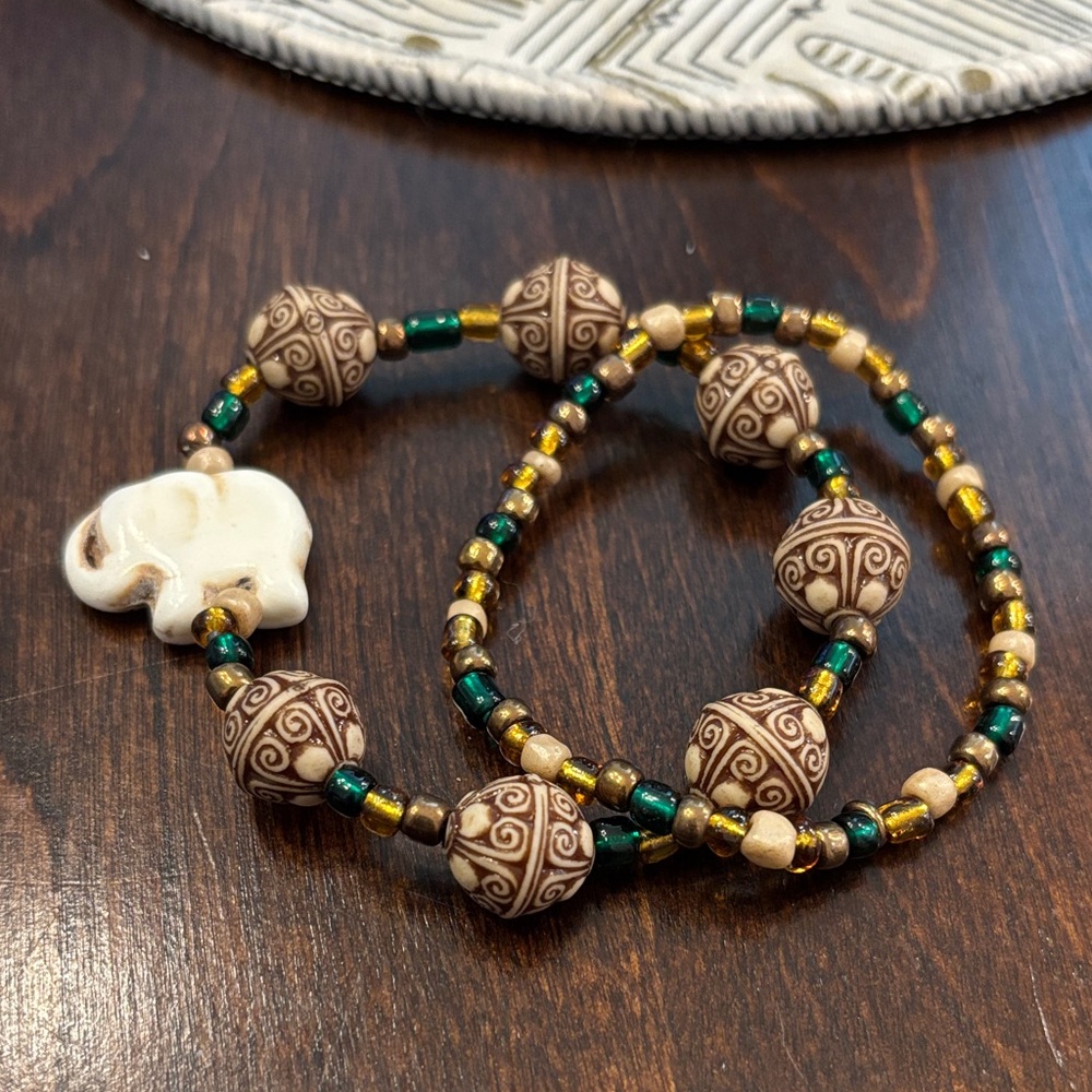Handmade Brown and Gold Beaded Elephant Bracelet